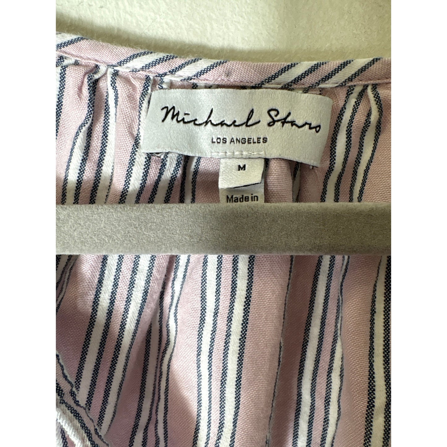 Michael Stars Pink Stripe Long Puff sleeve Cotton V-Neck Shirt Sz M