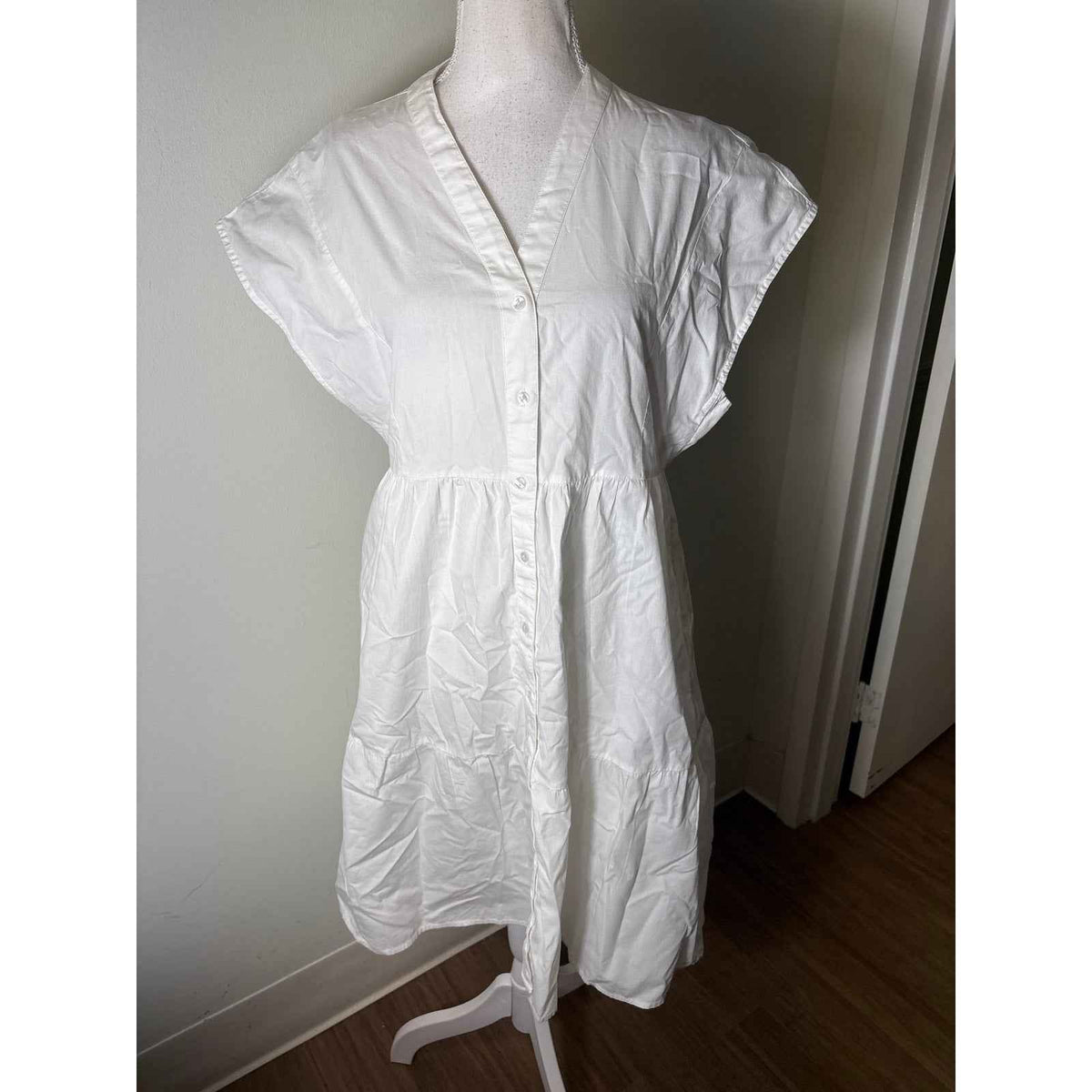 Frances Valentine White Cotton V Neck Button Up Midi Sz S