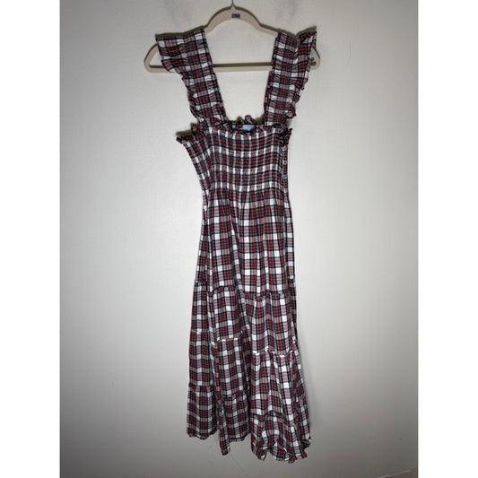 Hill House Red Plaid Flutter Sleeve Cotton Maxi Dress Sz S