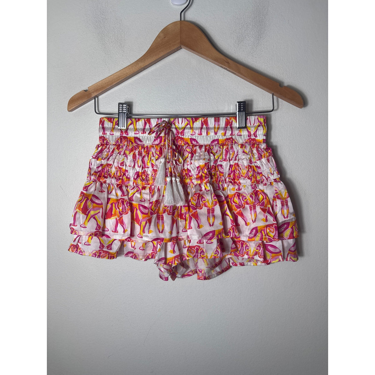 Shug! Pink White Elephant Print Silk Skirt/Top Set Sz XS (Junior Size)
