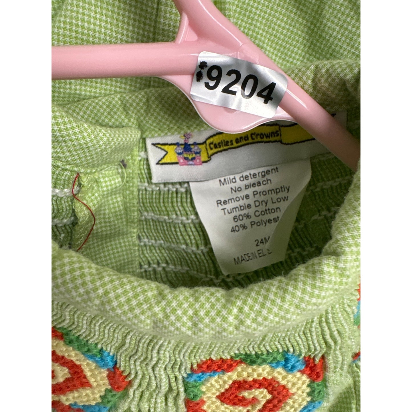 Girls Vintage Castles&Crowns green&White Check Smocked Lollipop Long Bubble S24m