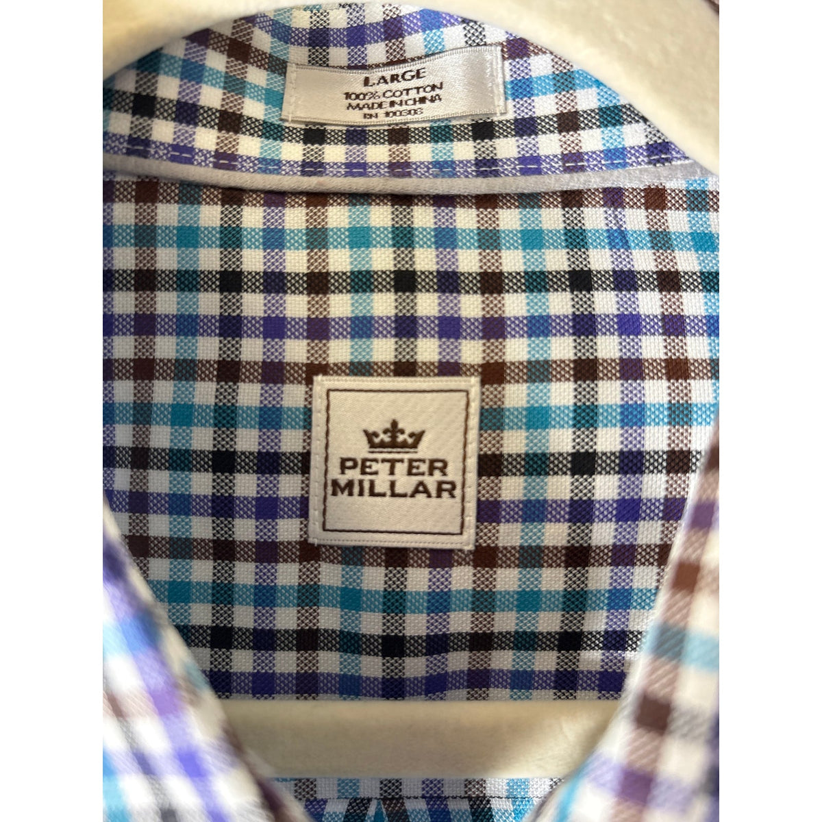 Mens Peter Millar Brown and Purple Plaid Button Up Shirt Sz L