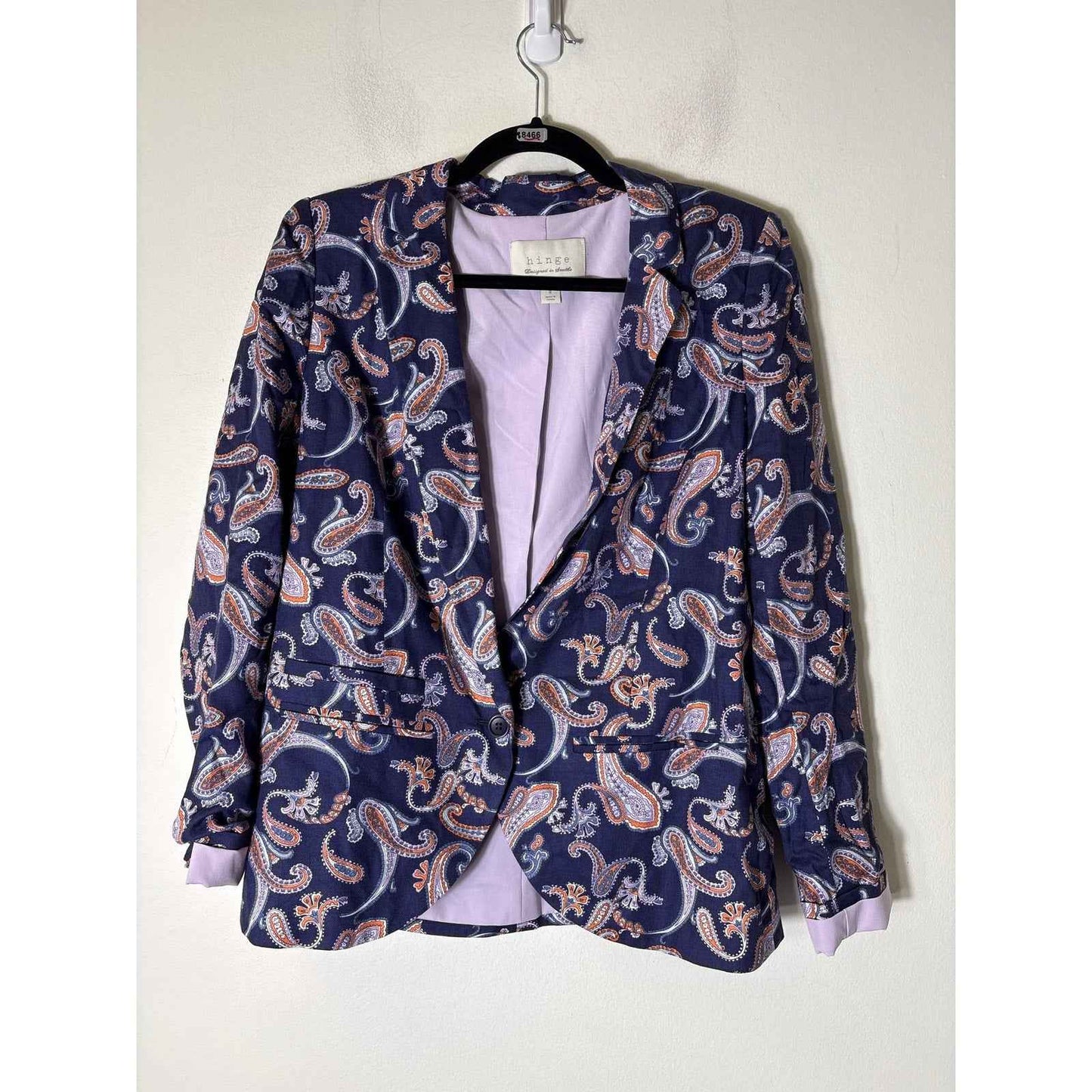Hinge Navy Blue Orange Paisley One Button Long Sleeve Blazer Sz S