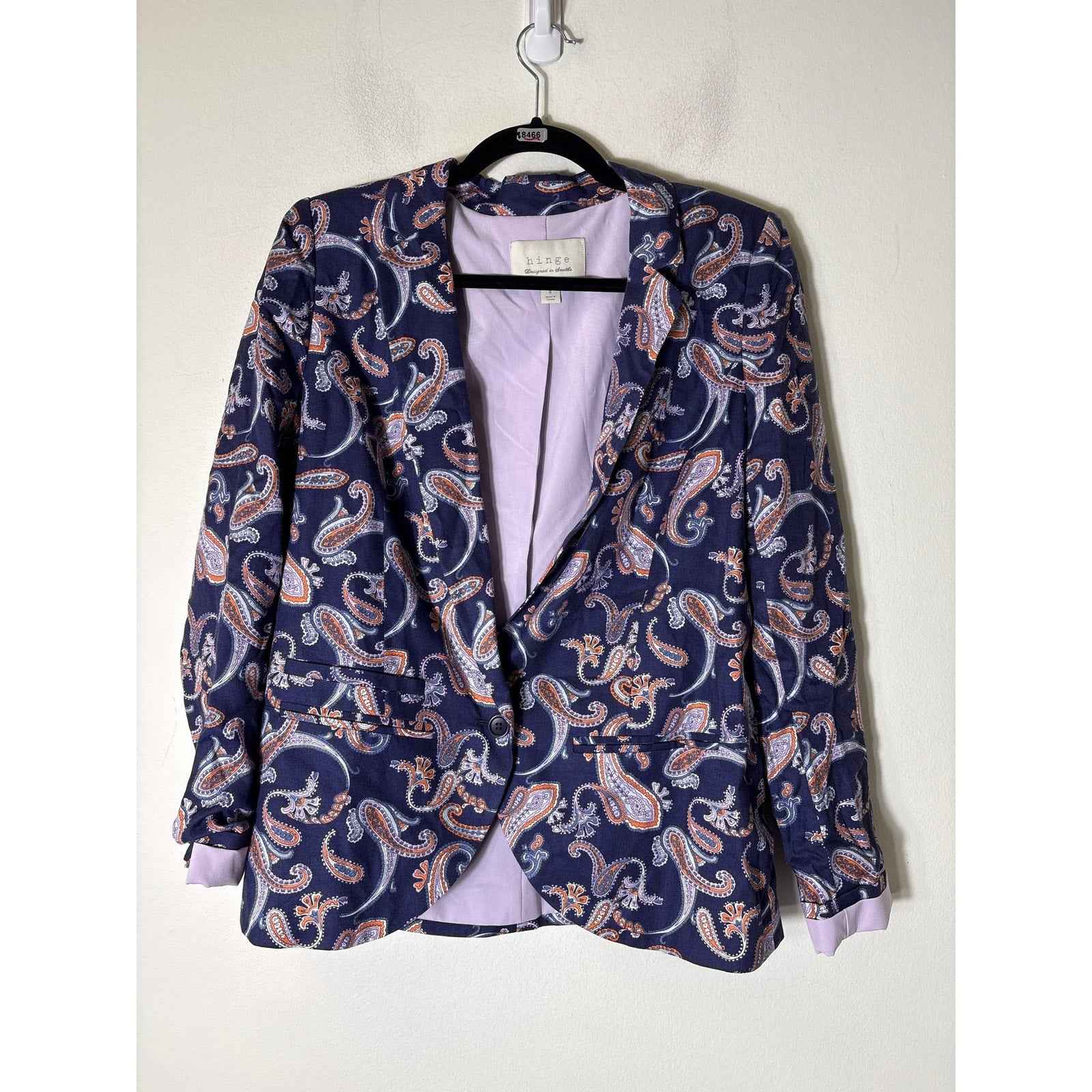 Hinge Navy Blue Orange Paisley One Button Long Sleeve Blazer Sz S