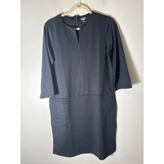 New in Bag Lands End Black 3/4 Sleeve Split Neck Shift Dress Sz 8P