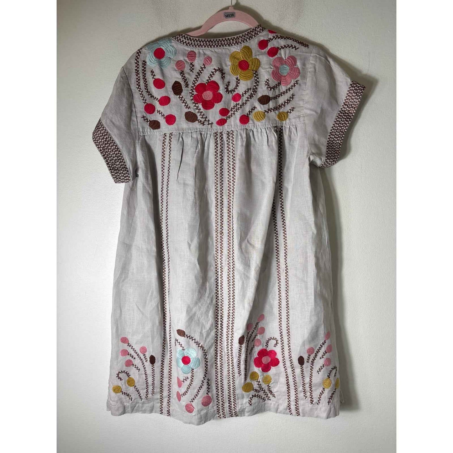 Johnny Was Gray Brown Floral Embroidered Short Sleeve Knee Length Dress Sz S