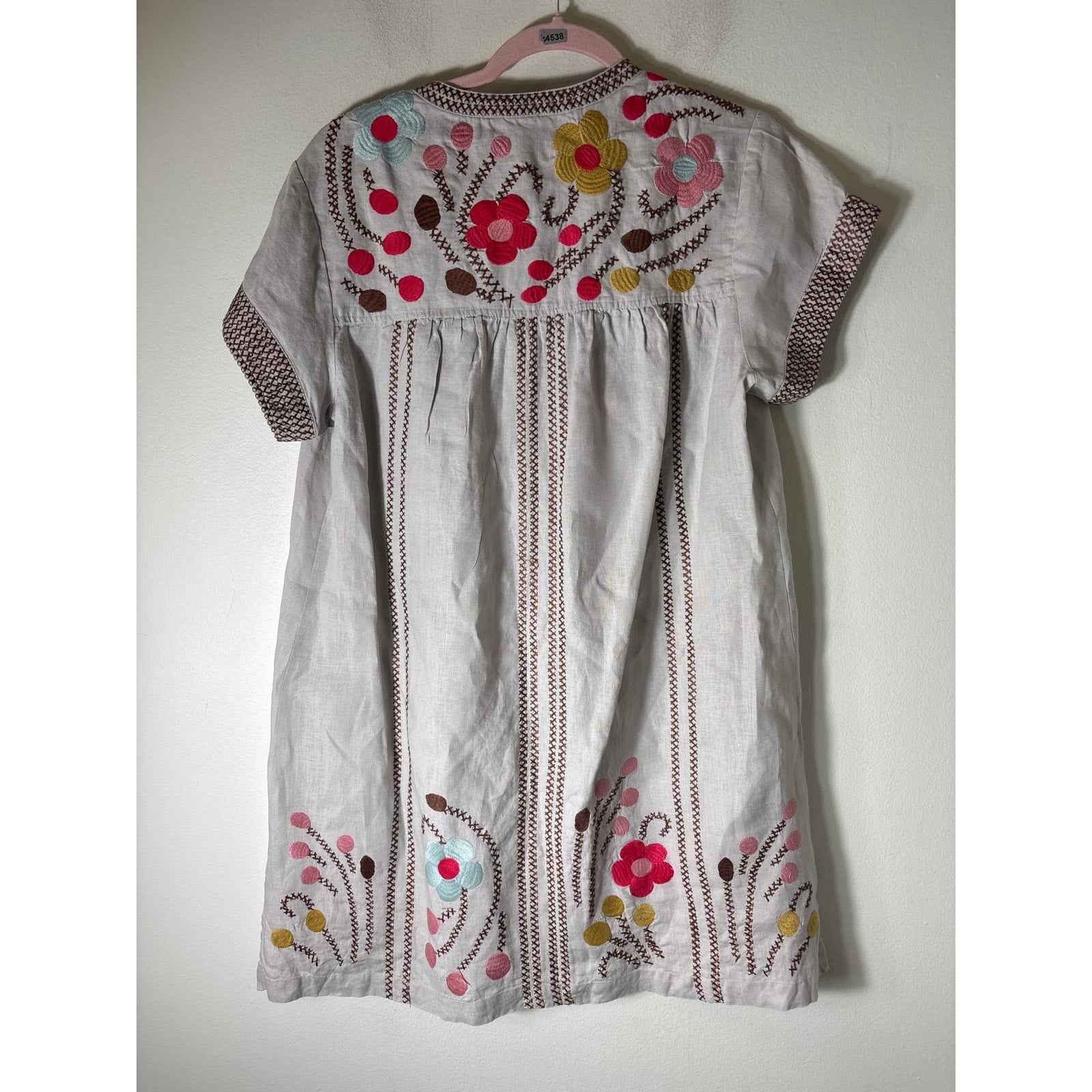 Johnny Was Gray Brown Floral Embroidered Short Sleeve Knee Length Dress Sz S