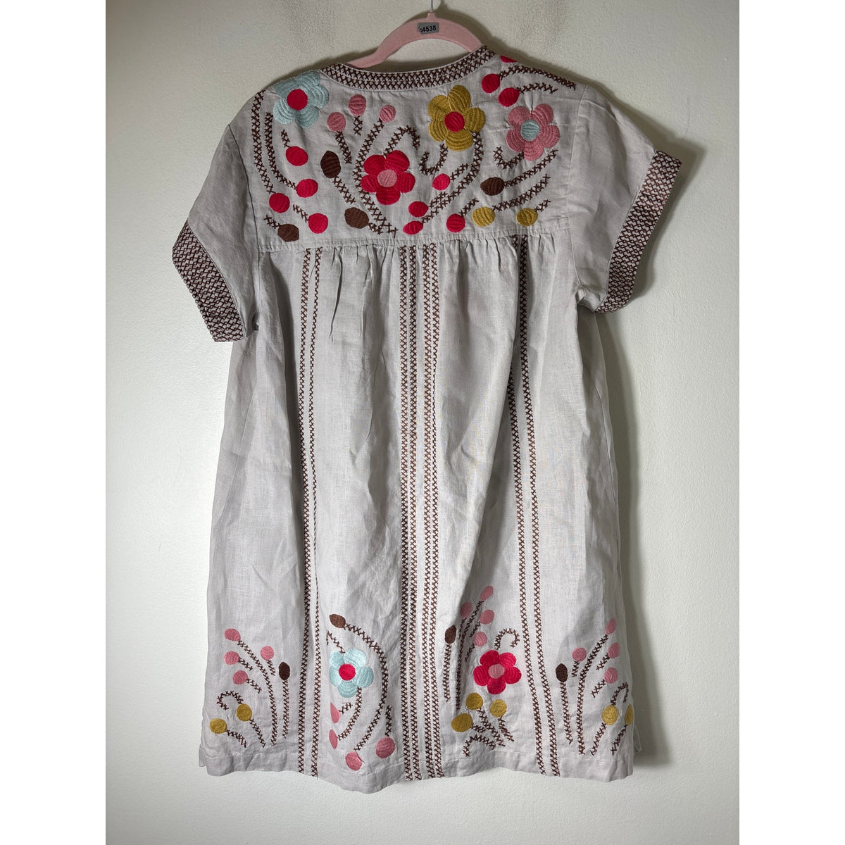 Johnny Was Gray Brown Floral Embroidered Short Sleeve Knee Length Dress Sz S