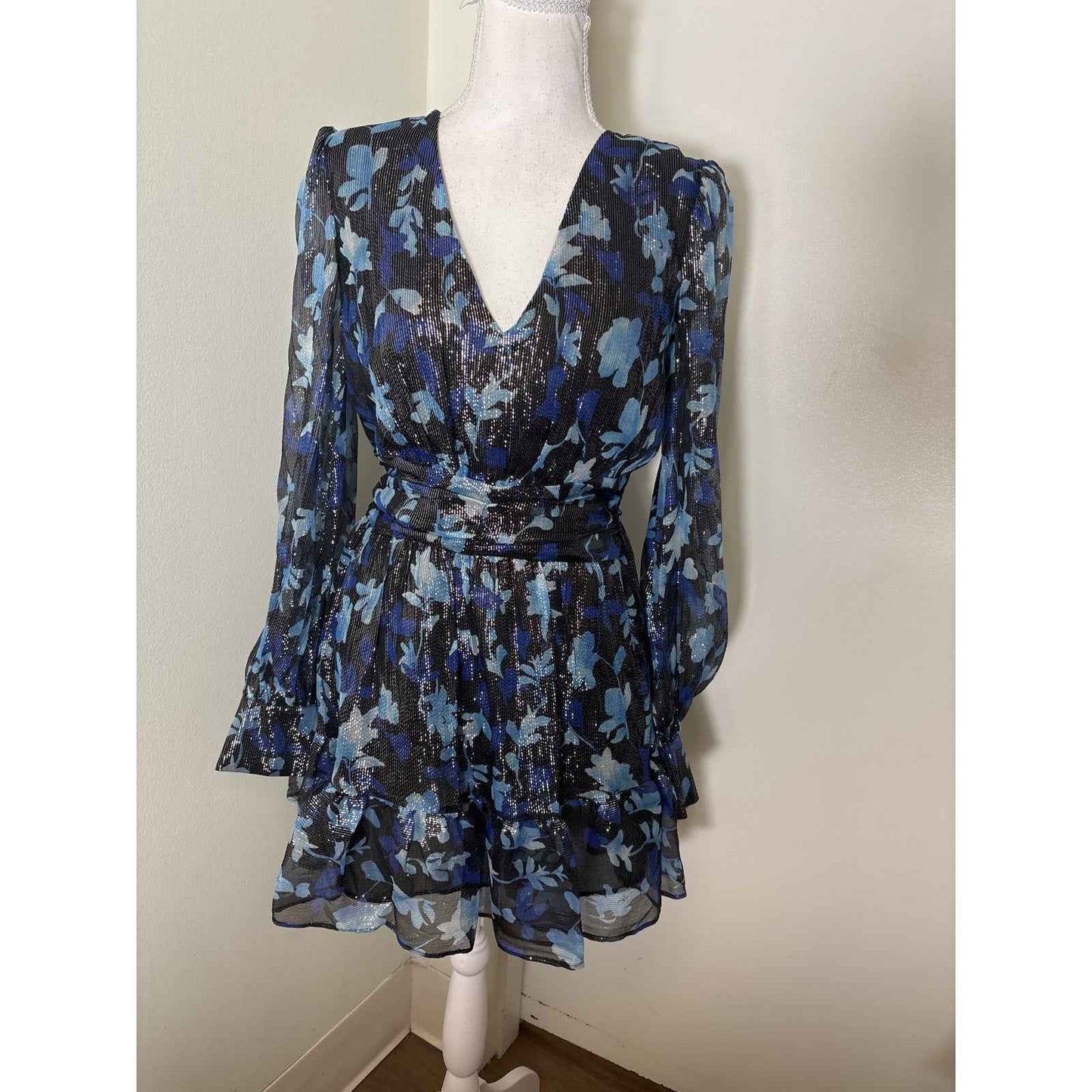 NWT Ramy Brook Black Blue Long Sleeve Lisbeth Dress Sz S