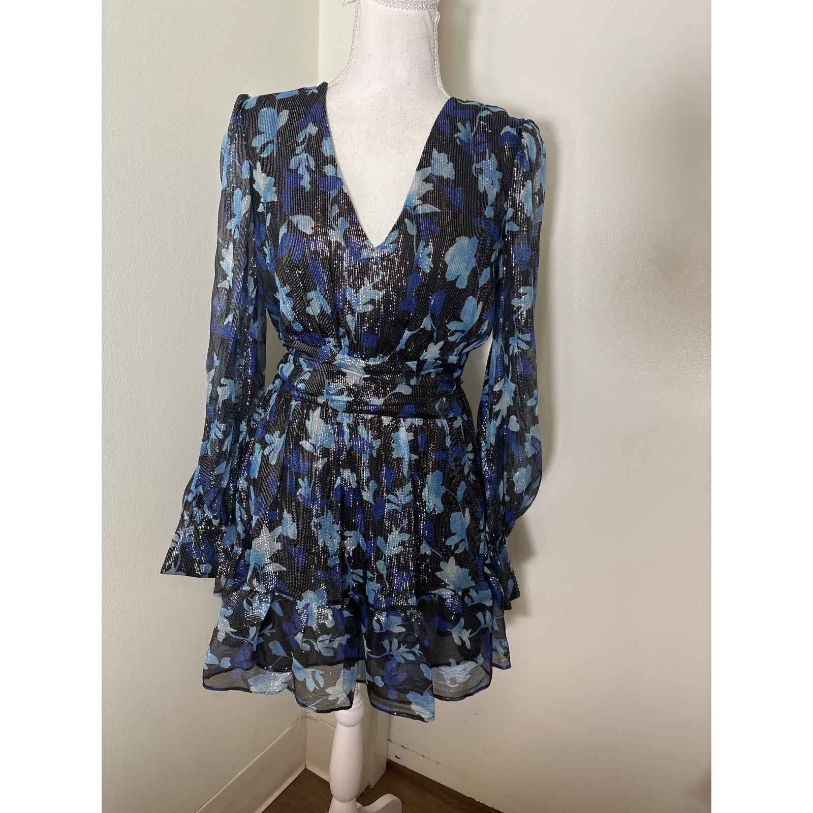 NWT Ramy Brook Black Blue Long Sleeve Lisbeth Dress Sz S
