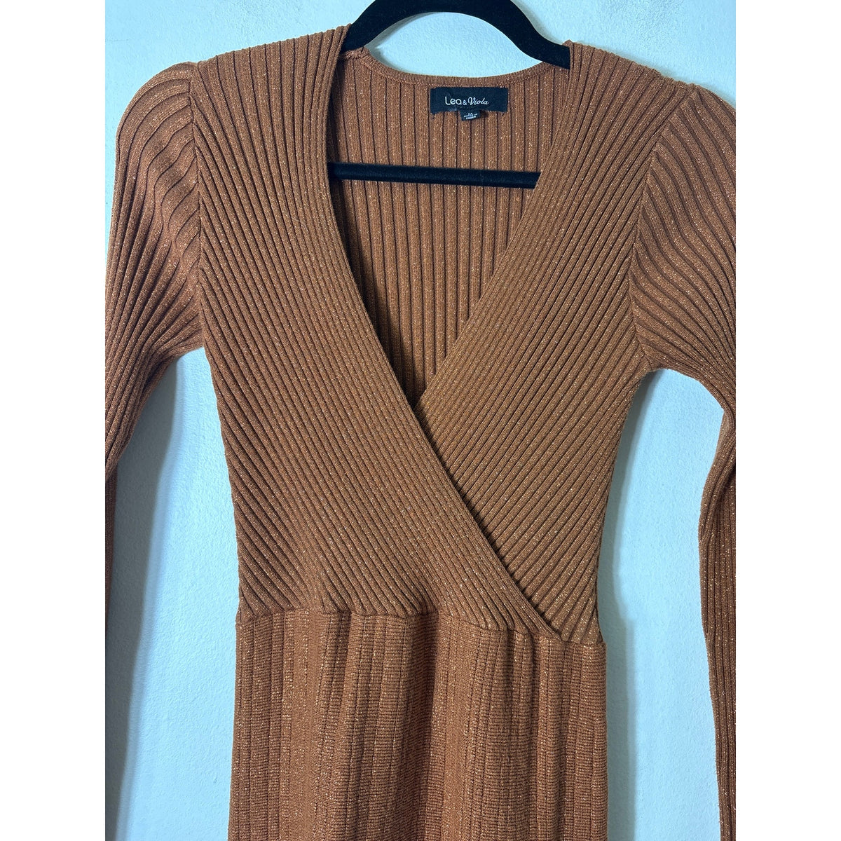 Lea & Viola Brown Shimmer  Ribbed Cross Front Mini Dress Sz M