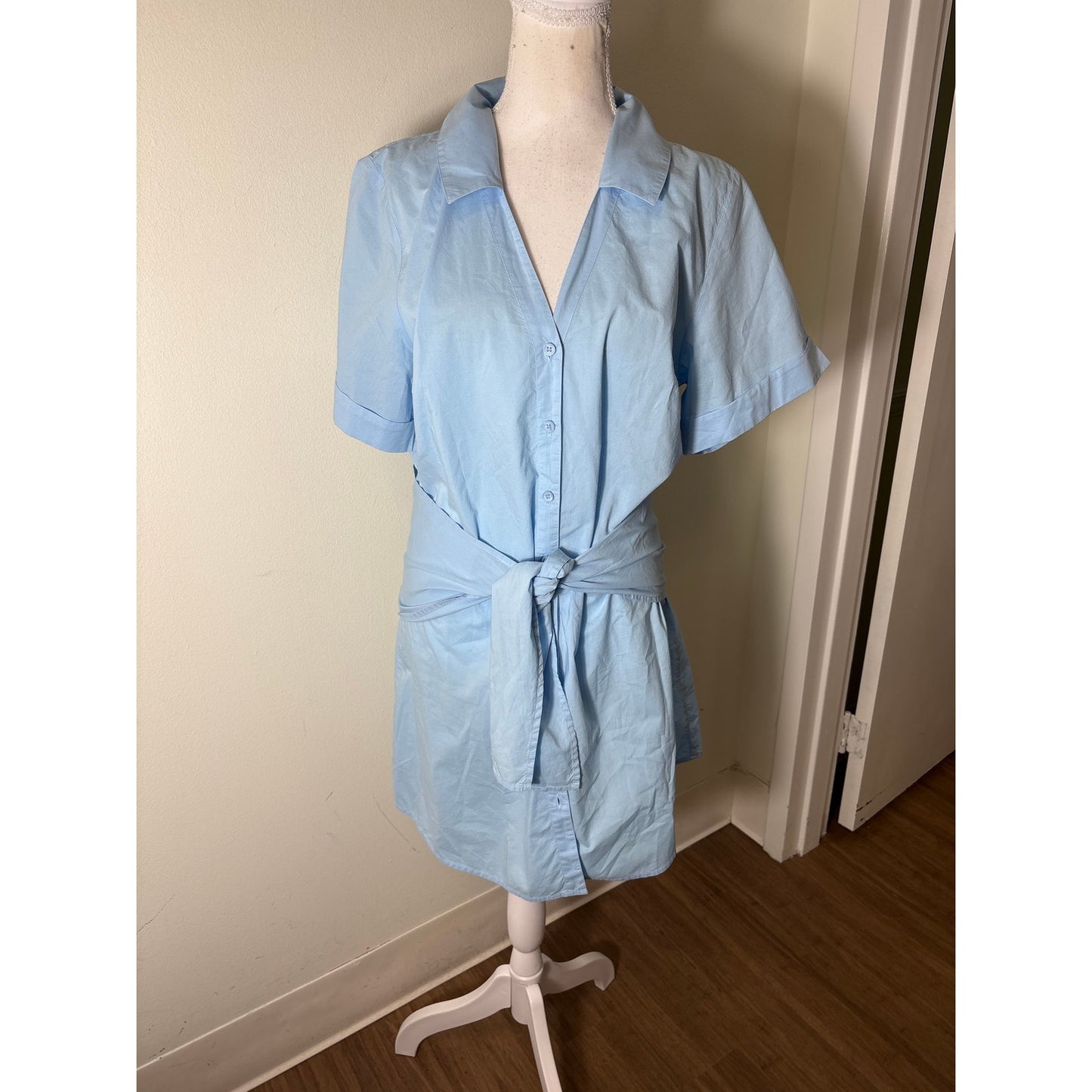 Nation Light Blue V Neck Button Up Cotton Shirt Dress Sz M