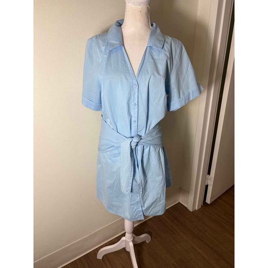 Nation Light Blue V Neck Button Up Cotton Shirt Dress Sz M
