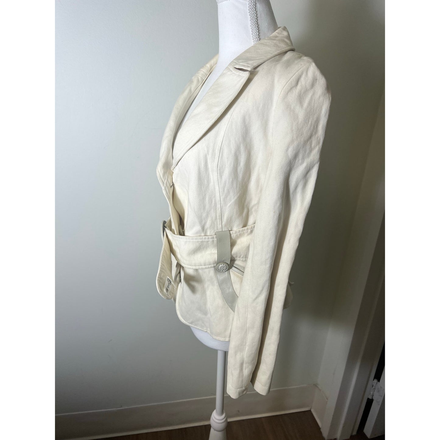 Mackage Off White Long Sleeve Cotton/Leather Belted Blazer Jacket Sz M
