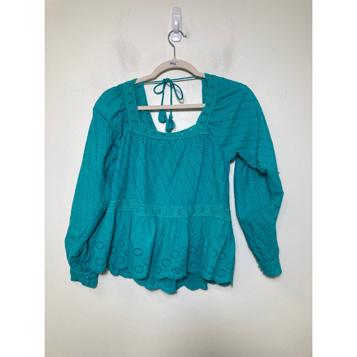 Mahila Teal Eyelet Peasant Top Sz M