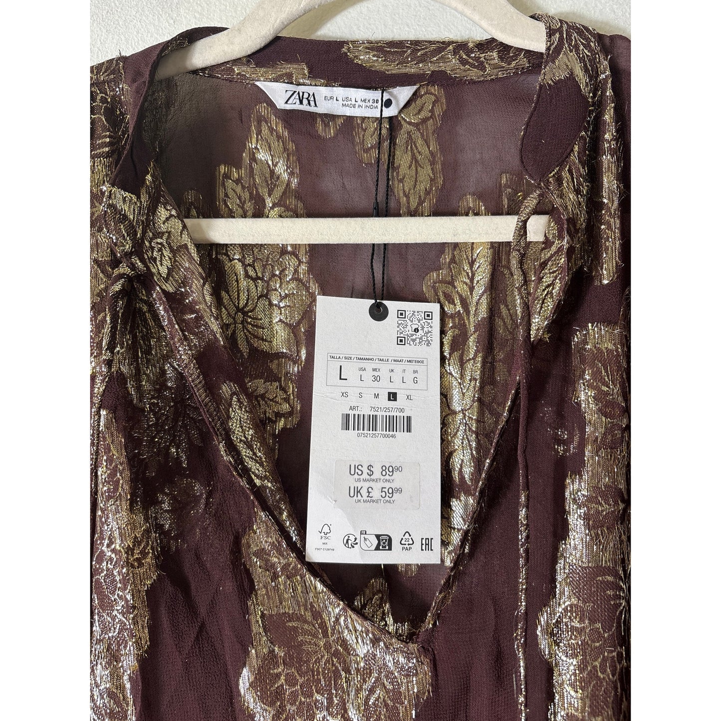 Zara Brown and Gold Threaded Sheer Top Sz L