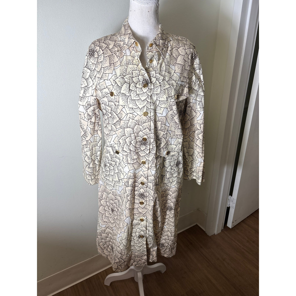 Tory Burch Off White Lotus Long Sleeve Snap Up Midi Dress Sz 12