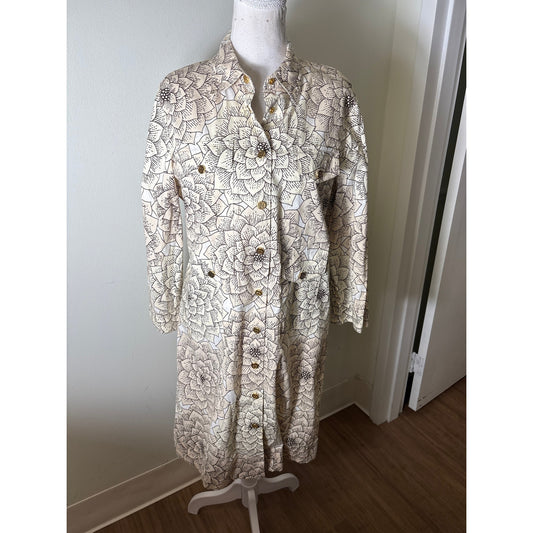 Tory Burch Off White Lotus Long Sleeve Snap Up Midi Dress Sz 12