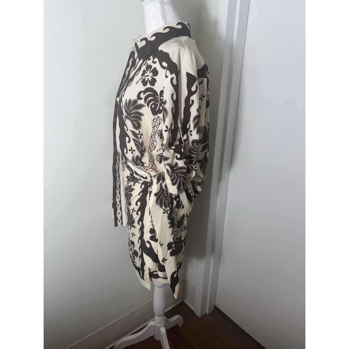 NWT Commense Off White Brown Mini Skirt Set with Half Sleeve Button Up Top Sz M