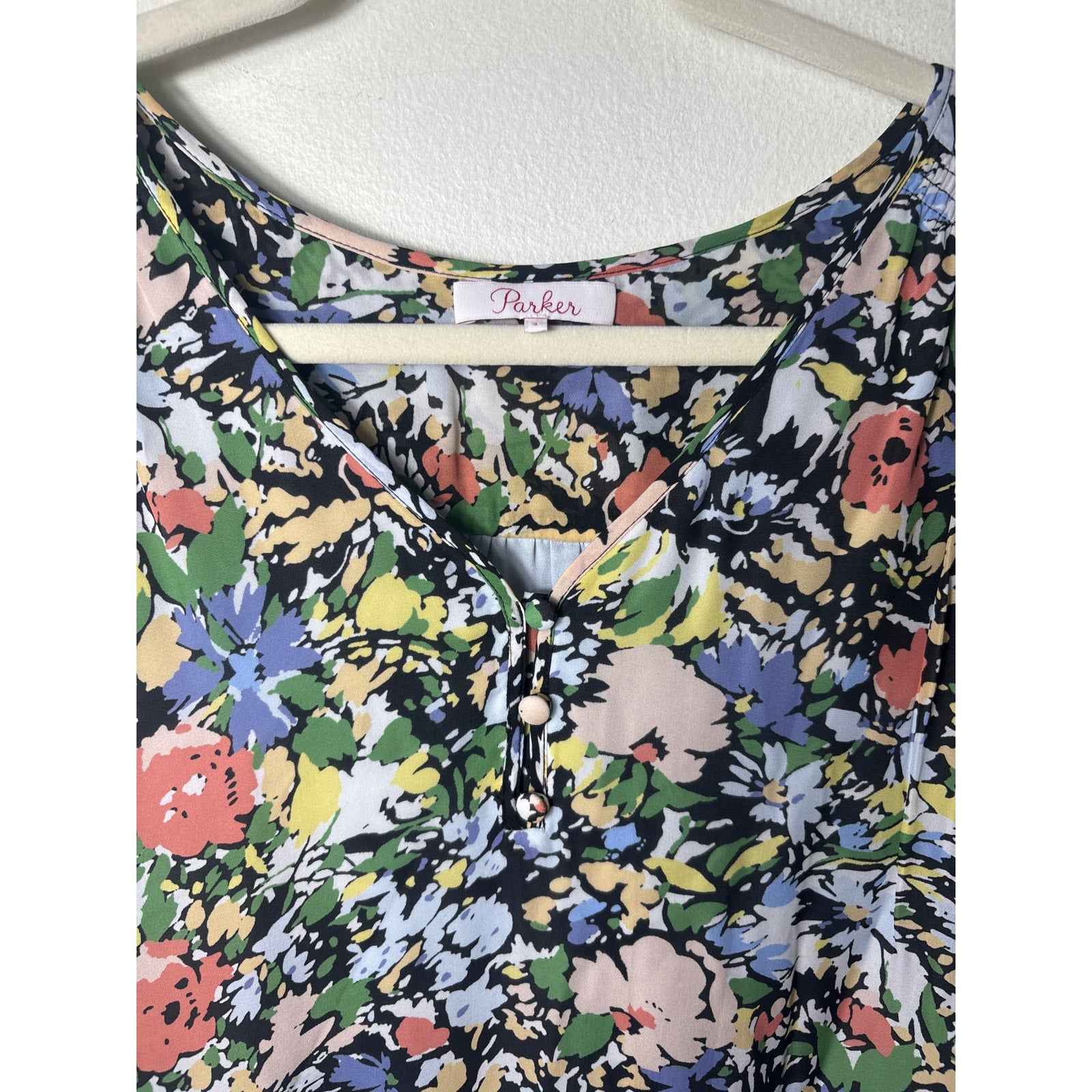 Parker Black and Pink and Green Floral Flutter Sleeve Mini Dress Sz S