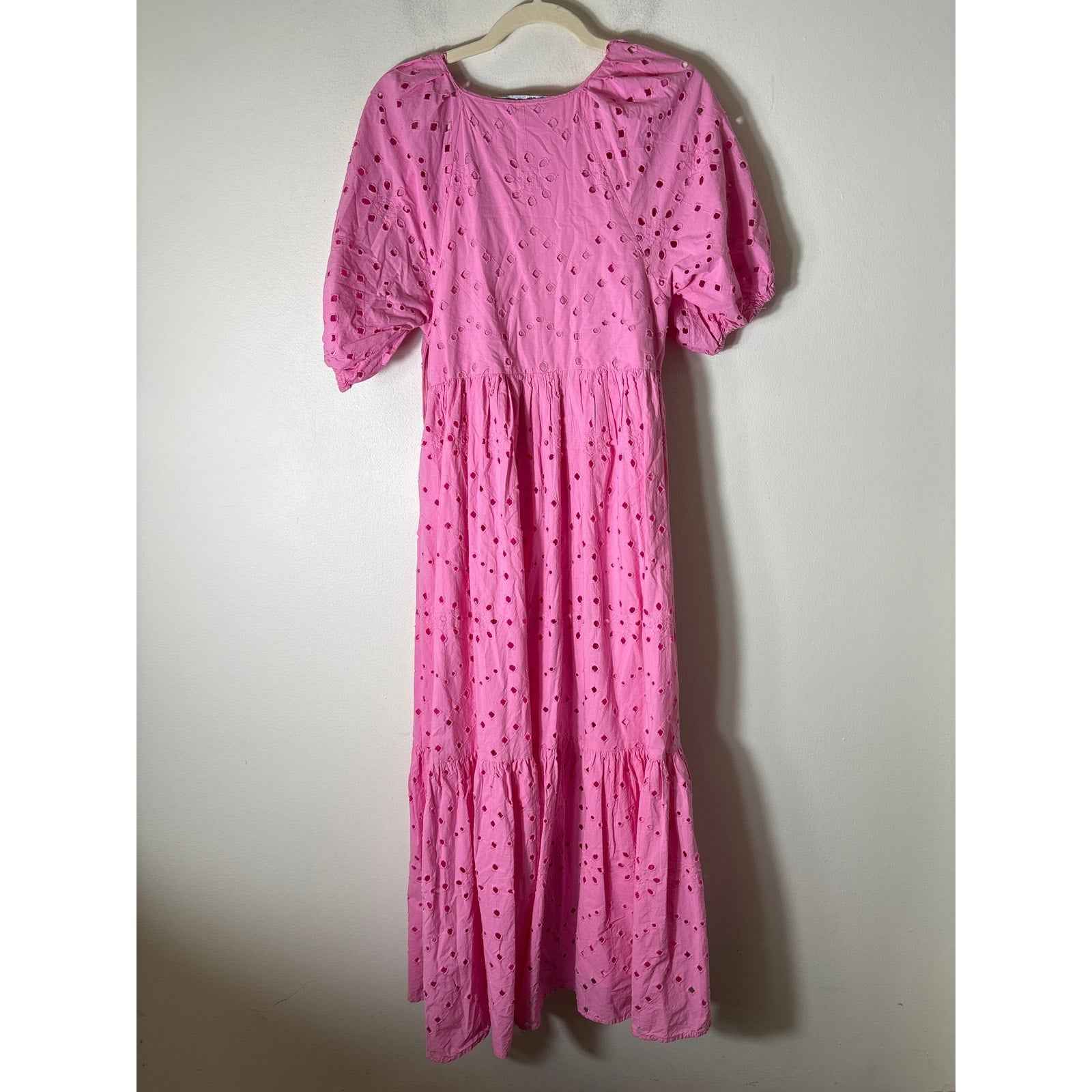 Zara Bubble Gum Pink Cotton Eyelet Half Puff Sleeve Maxi Dress Sz M