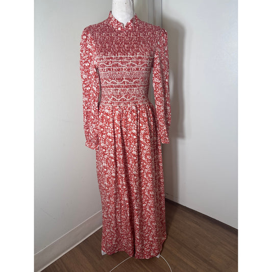NWT Loretta Caponi Smocked Bust Long Sleeve Maxi Dress Sz S
