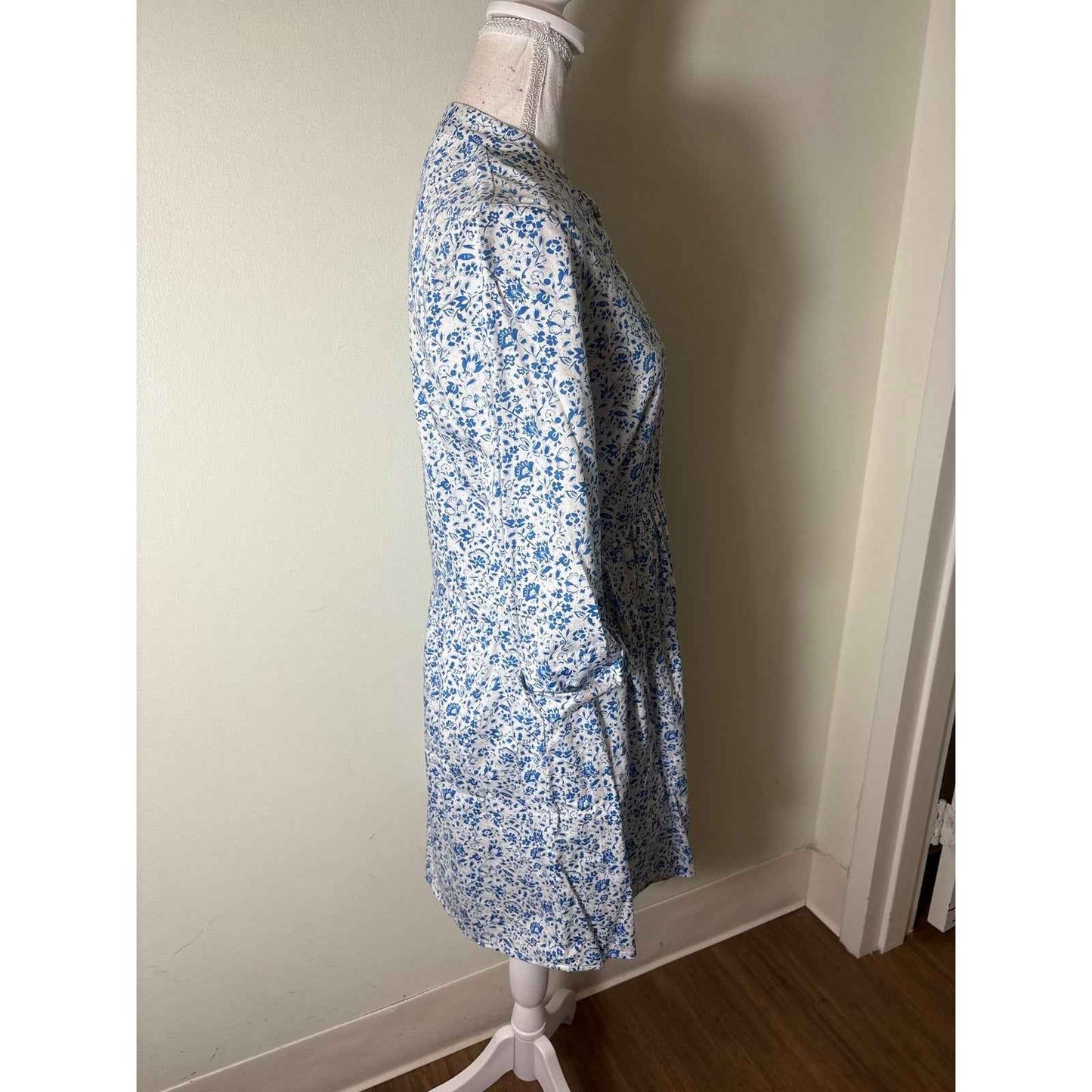 Tuckernuck Blue Floral 3/4 Sleeve Button Up Cotton Knee Length Dress Sz XS