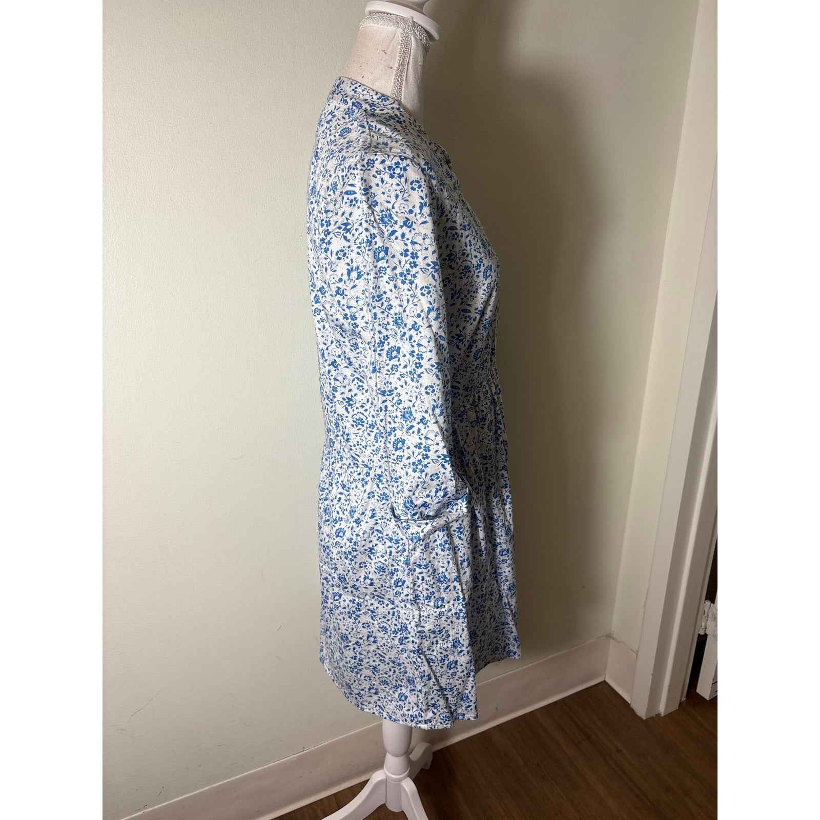 Tuckernuck Blue Floral 3/4 Sleeve Button Up Cotton Knee Length Dress Sz XS