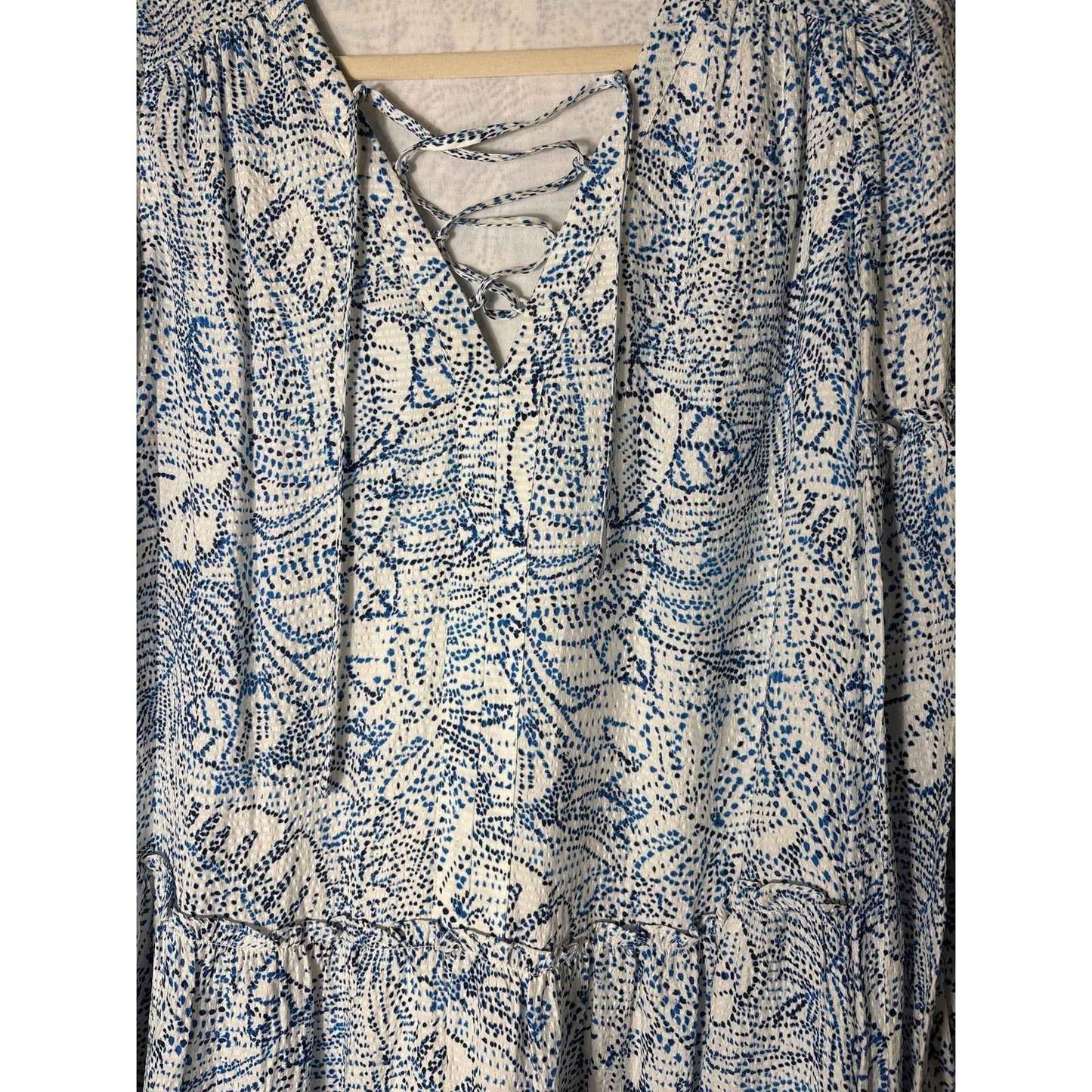 Parker Blue and White Long Sleeve Silk Tiered Mini Dress Sz S
