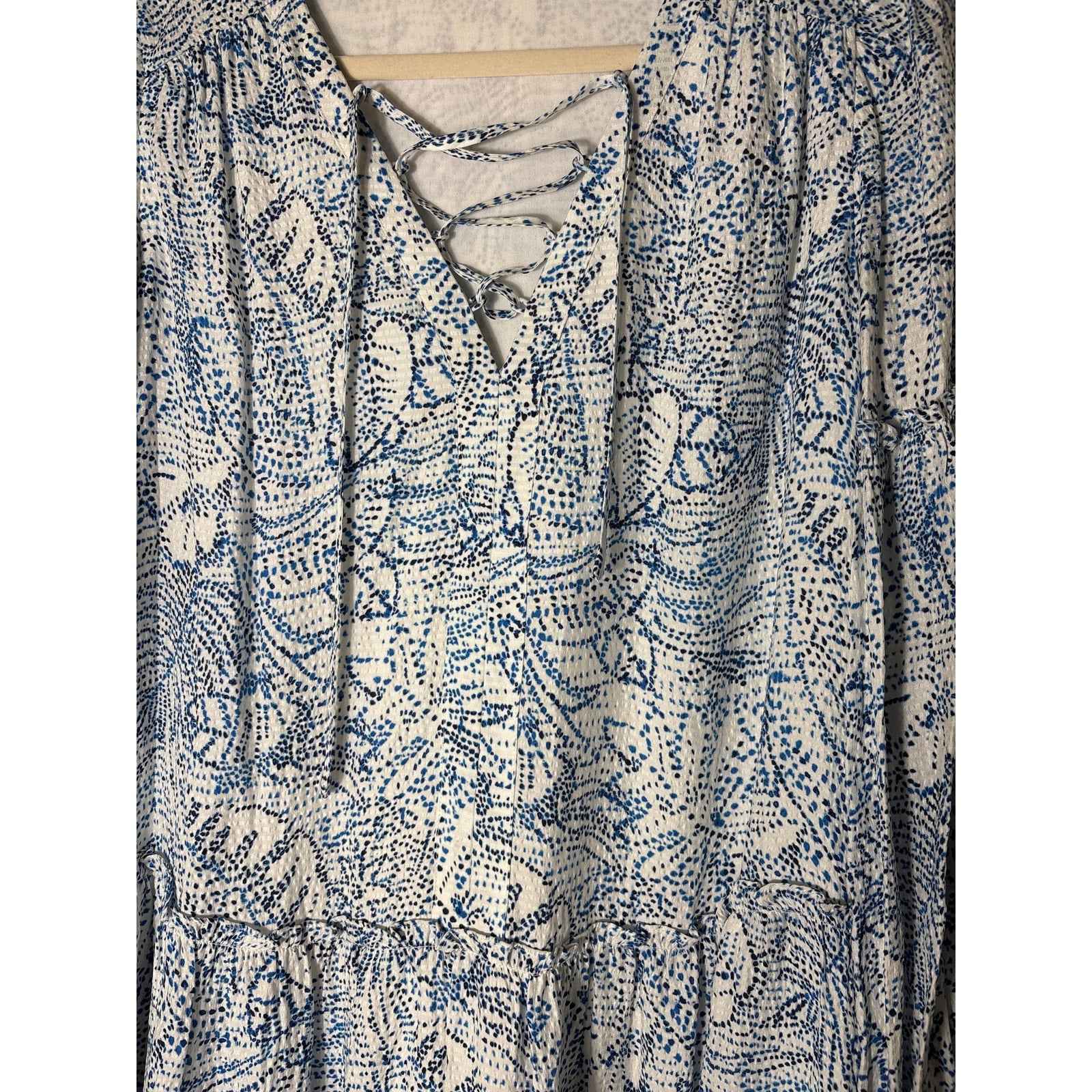Parker Blue and White Long Sleeve Silk Tiered Mini Dress Sz S