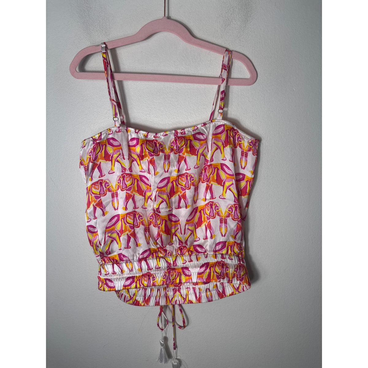 Shug! Pink White Elephant Print Silk Skirt/Top Set Sz XS (Junior Size)
