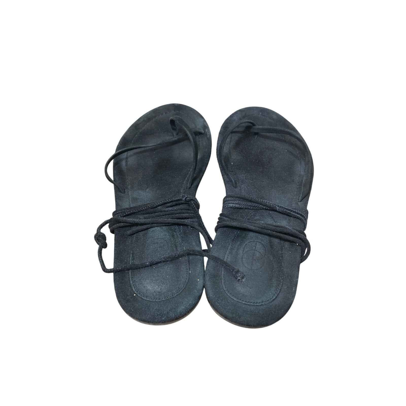 Port & Paire Black Ankle Tie Flat Sandals Sz 38 (7.5)