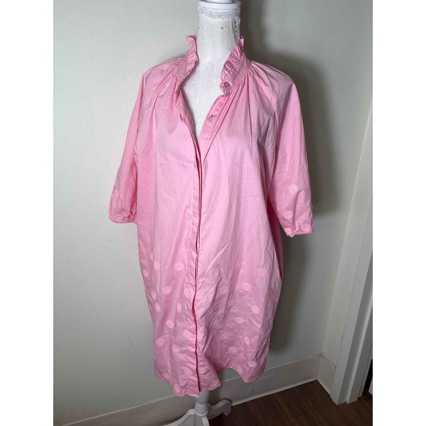 Caryn Lawn Pink 3/4 Sleeve Button Up Cotton Knee Length Dress Sz L