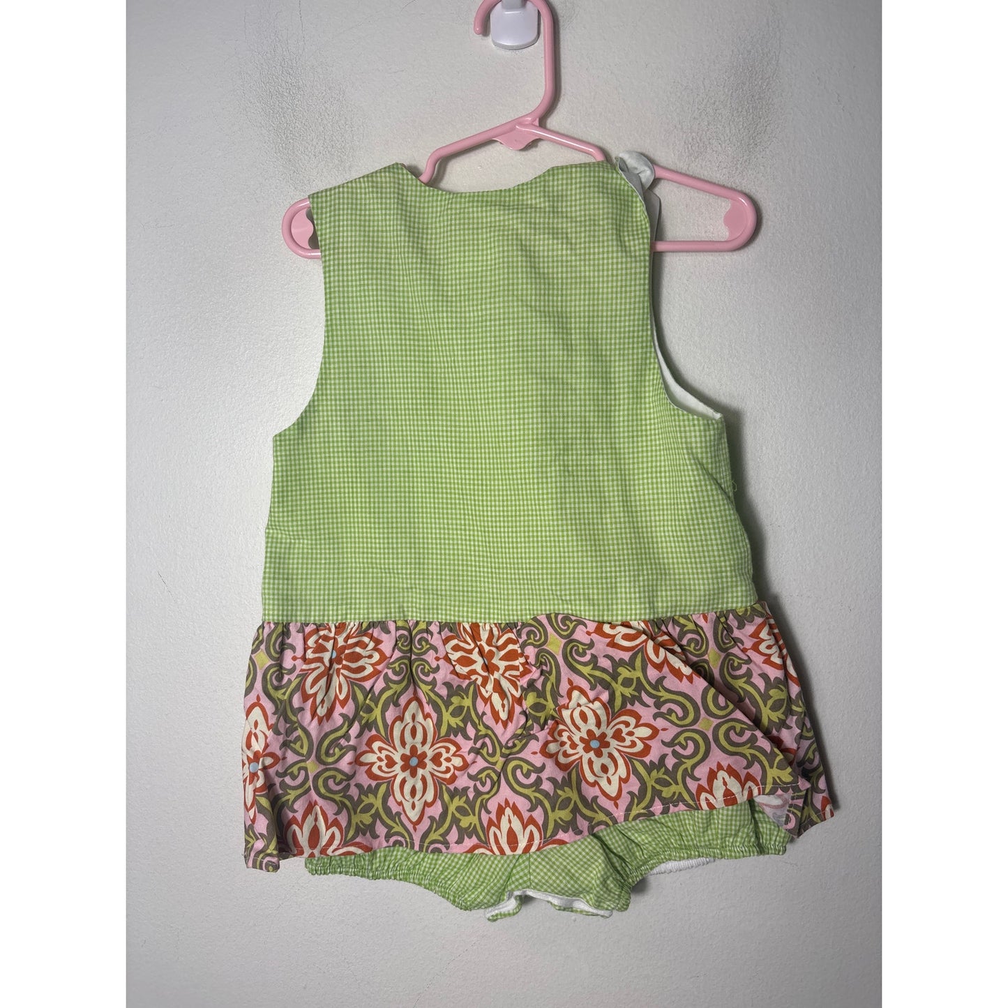 Girls Vintage Potato Saks Green Check Bubble Applique Butterfly Sz 18m