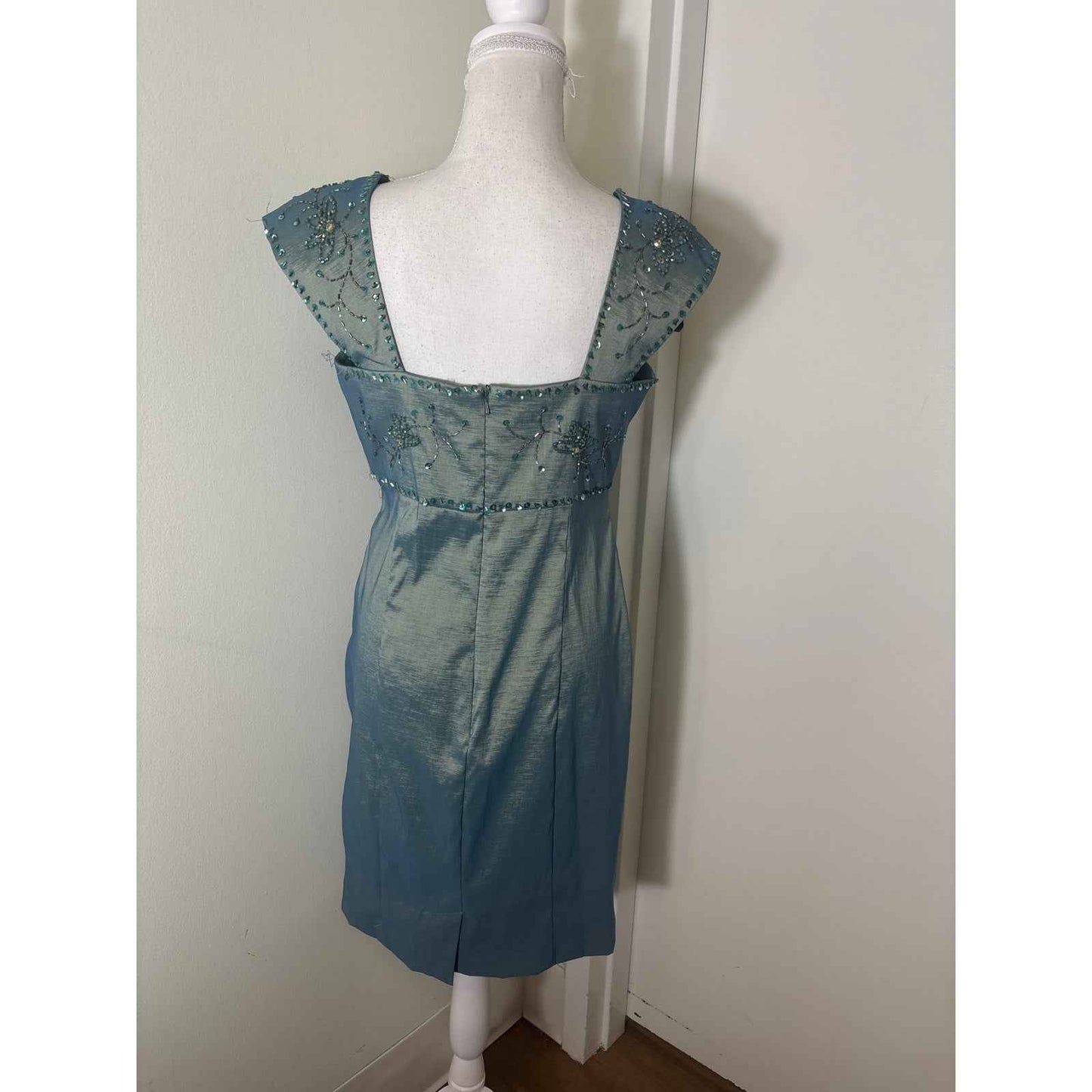 NWT Ignite Evenings Teal Beaded Ruched Knee Length Sheath Dress sz 10