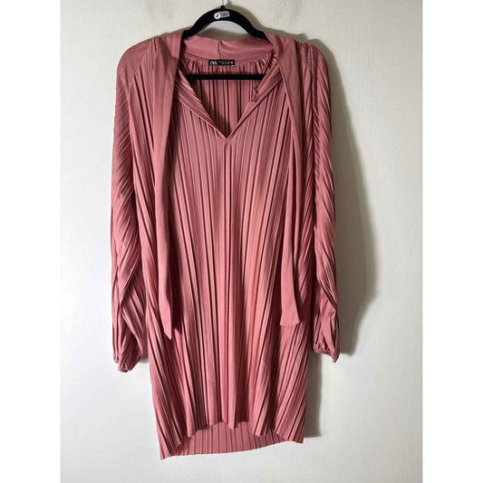 Zara Dusty Rose Pleated Long Sleeve Knee Length Dress Sz S