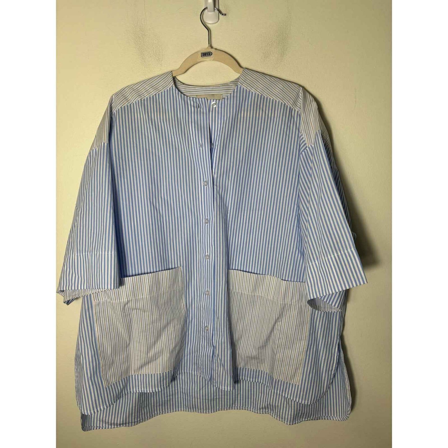 Johanna Paris White Blue Stripe Half Sleeve Botton Blend Shirt Sz M