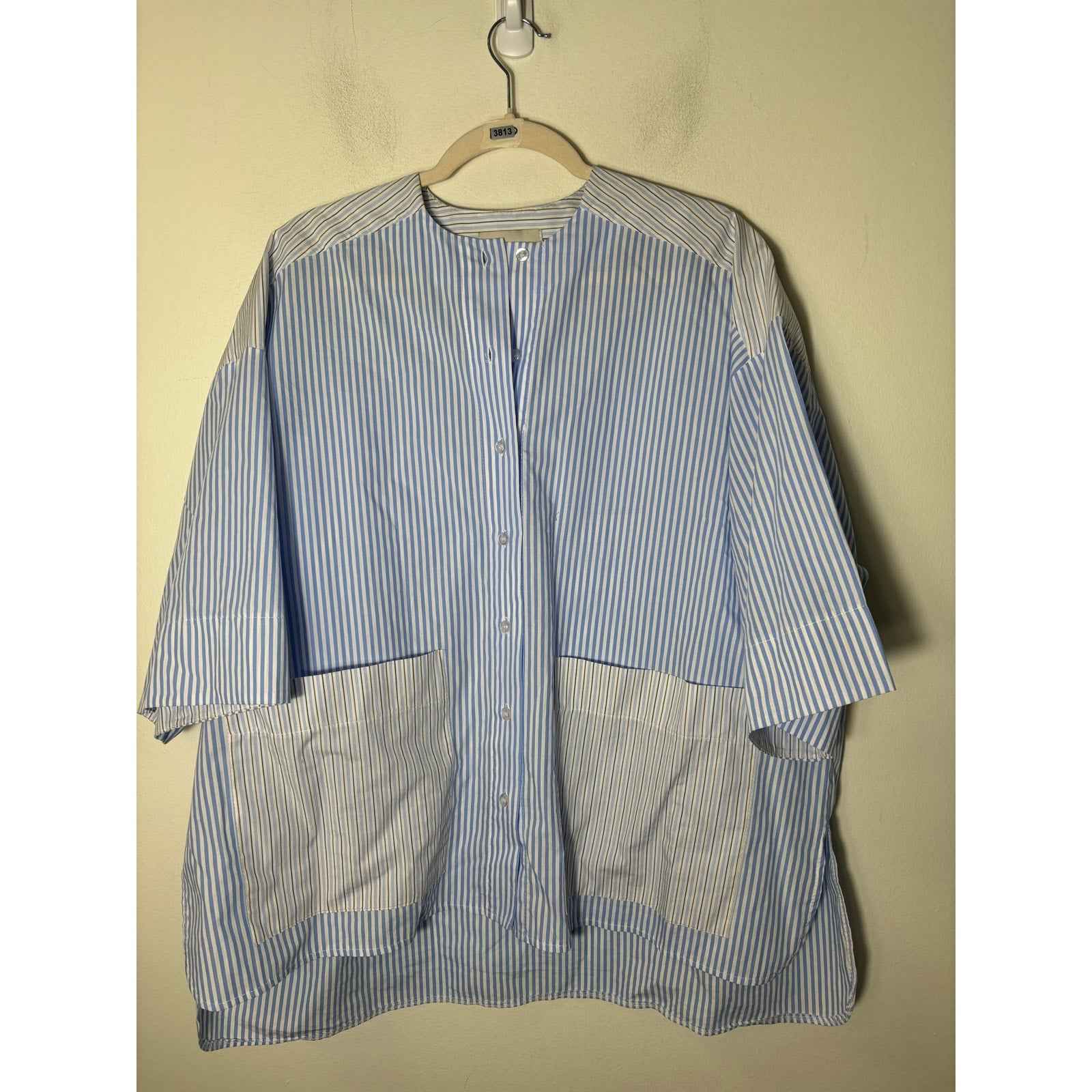 Johanna Paris White Blue Stripe Half Sleeve Botton Blend Shirt Sz M