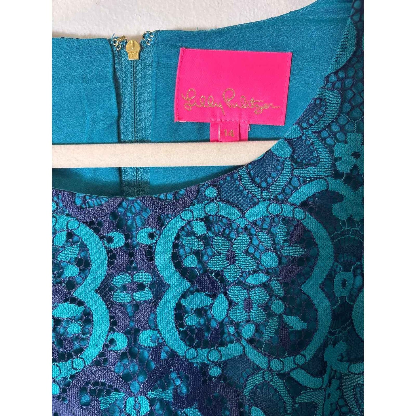Lily Pulitzer Teal and Navy Long Sleeve Knee Length Dress Sz 14