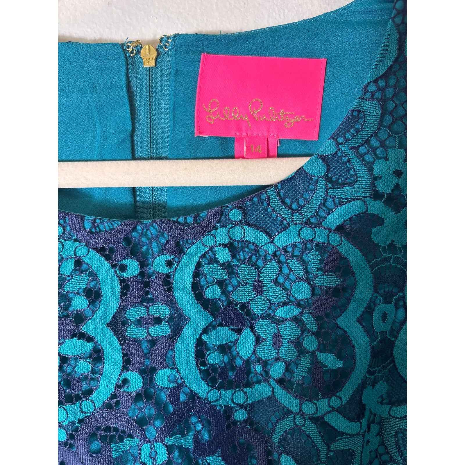 Lily Pulitzer Teal and Navy Long Sleeve Knee Length Dress Sz 14