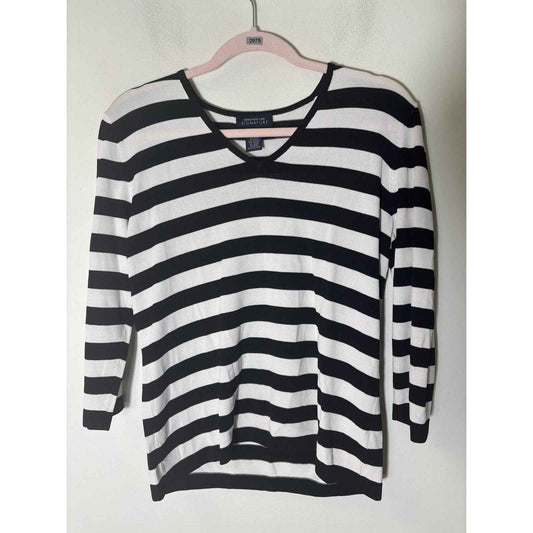 Jones New York Signature Black White Stripe 3/4 Sleeve V-Neck Shirt Sz L