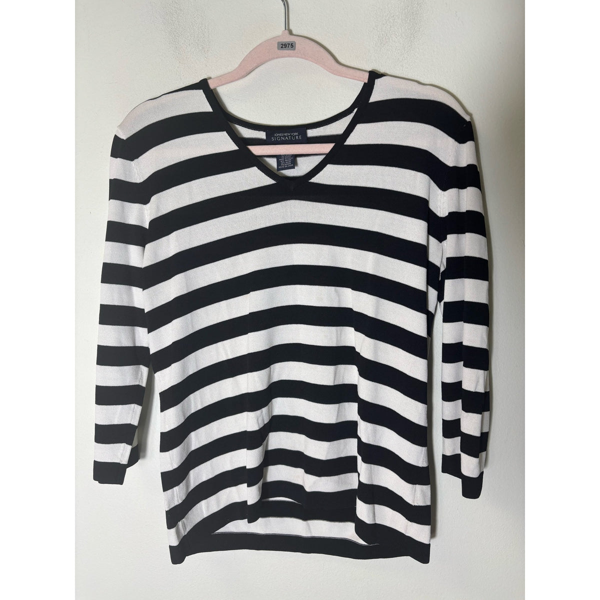 Jones New York Signature Black White Stripe 3/4 Sleeve V-Neck Shirt Sz L