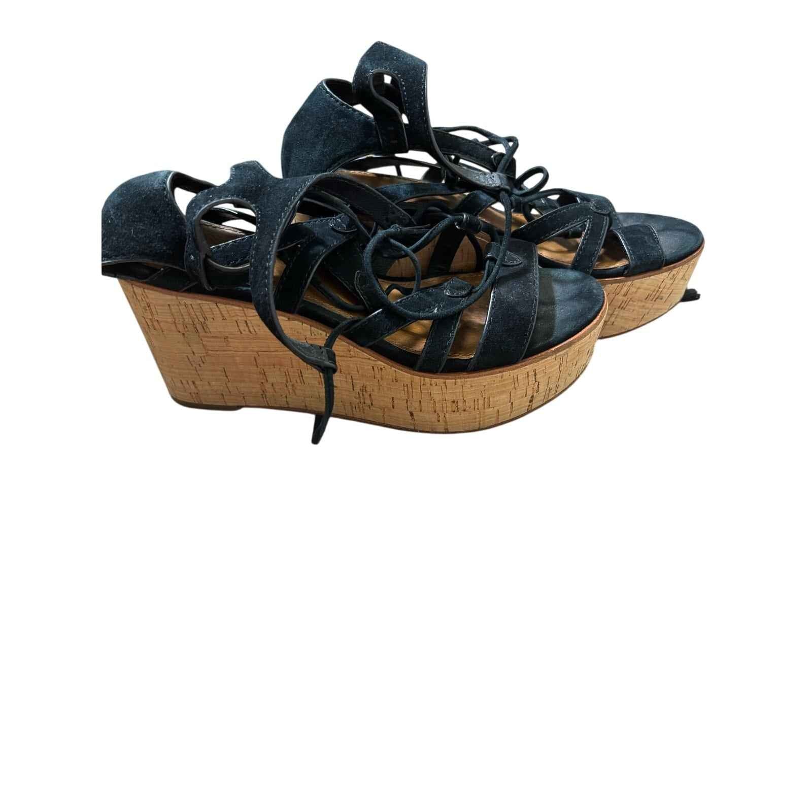 Frye Black Strappy Platform Cork Wedge Sz 8