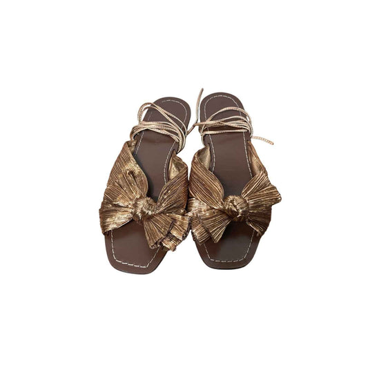 Loeffler Randall Copper Pleated Bow Slip On Flat that Ties at Ankle Sz 8.5