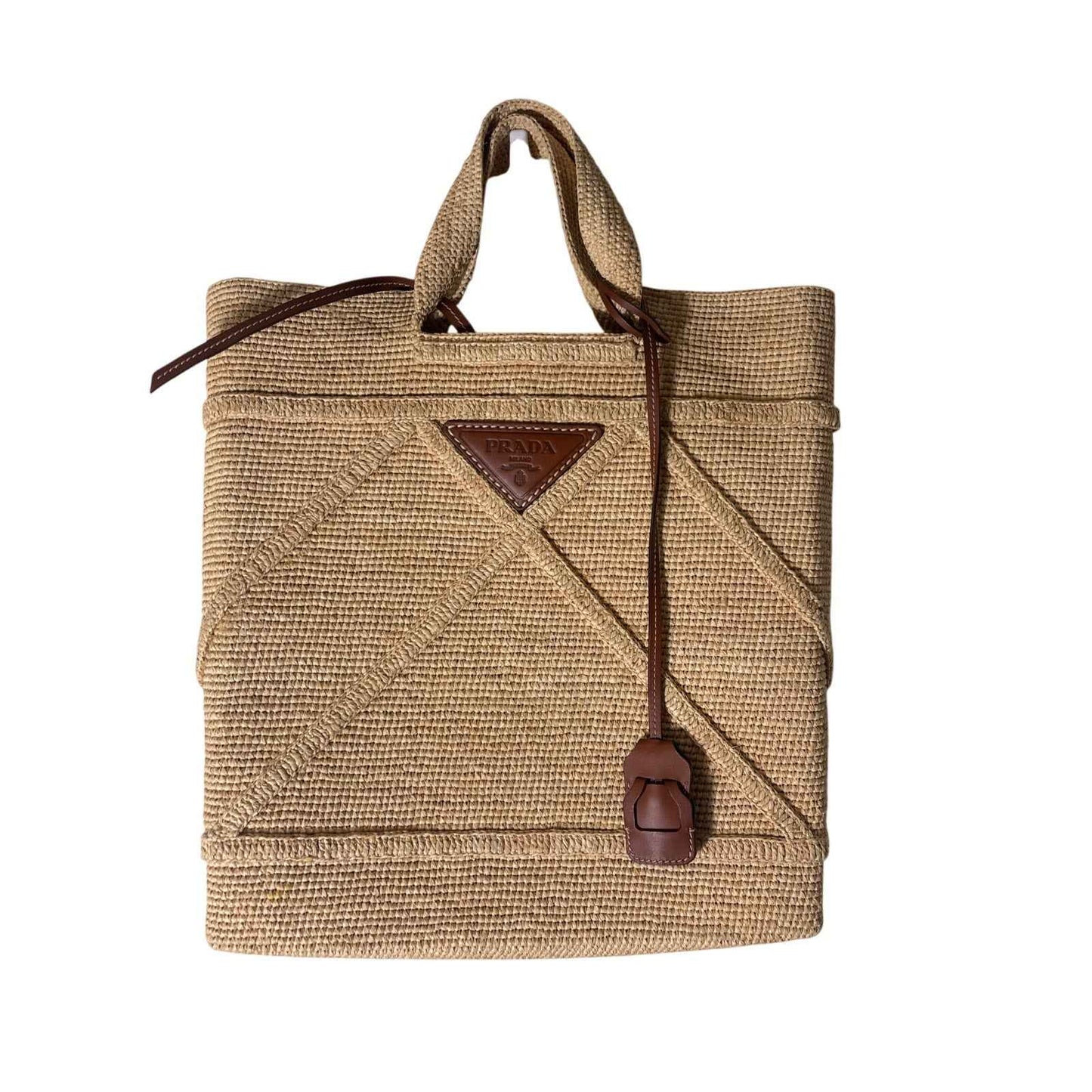 Prada Triangle Logo Shopping Tote Crochet Raffia Large with Dust Bag