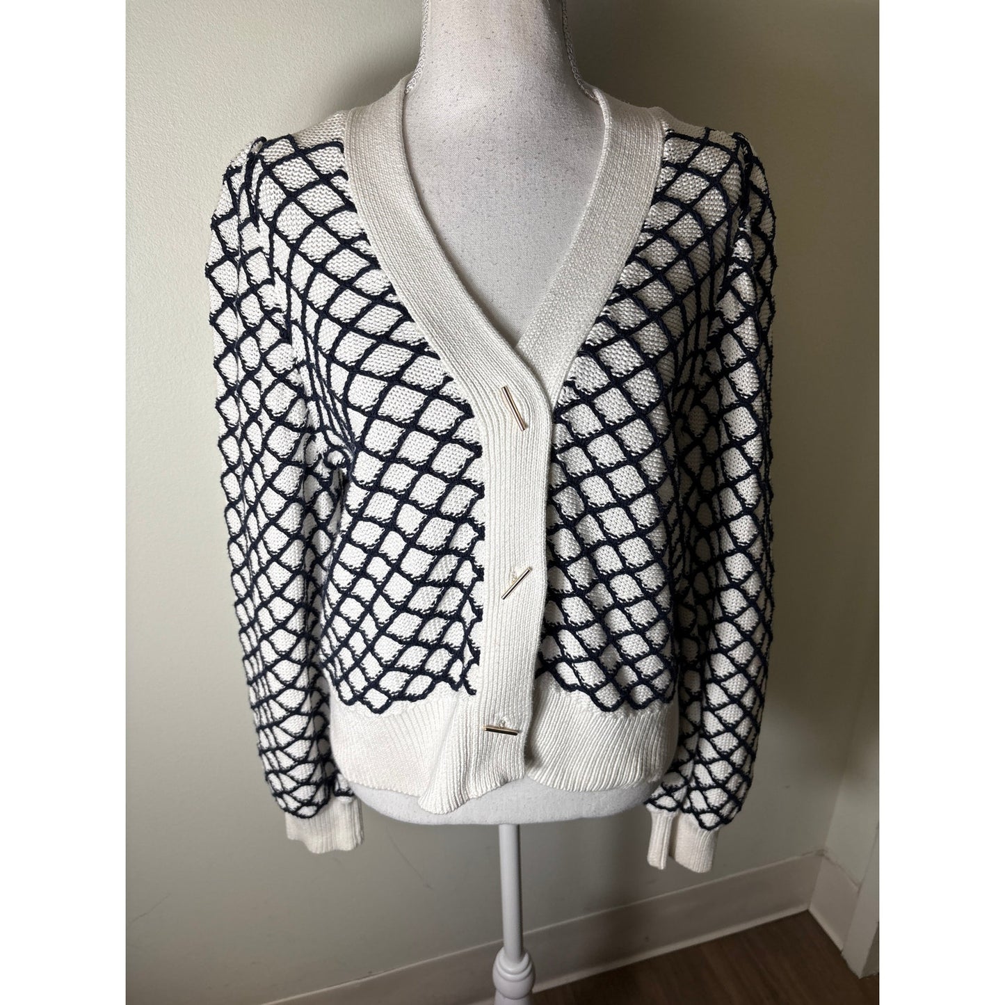 Marie Oliver Navy and WHite Diamond Stich V Neck Cardigan Sweater Sz XS