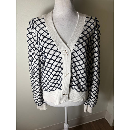 Marie Oliver Navy and WHite Diamond Stich V Neck Cardigan Sweater Sz XS