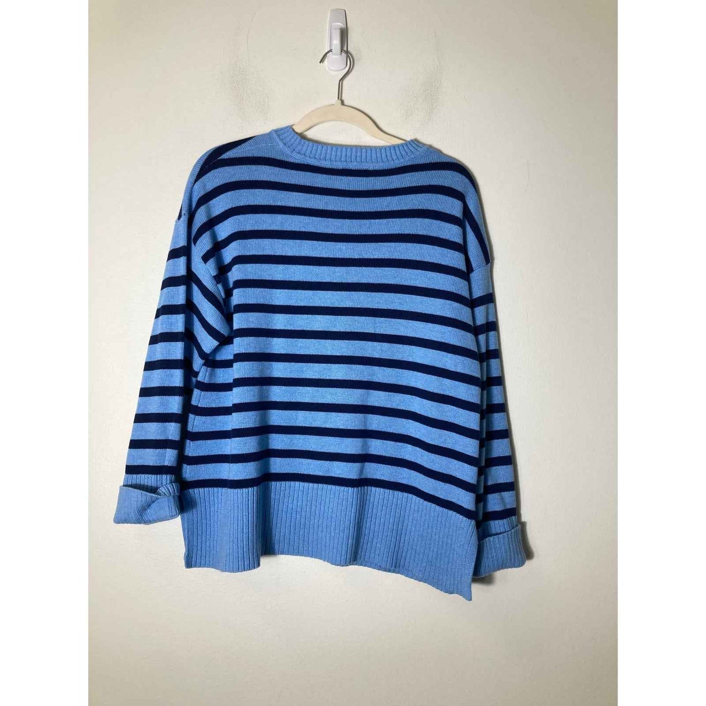 J. Crew Blue and Navy Stripe Long Sleeve Cotton Crewneck Sweater Sz M
