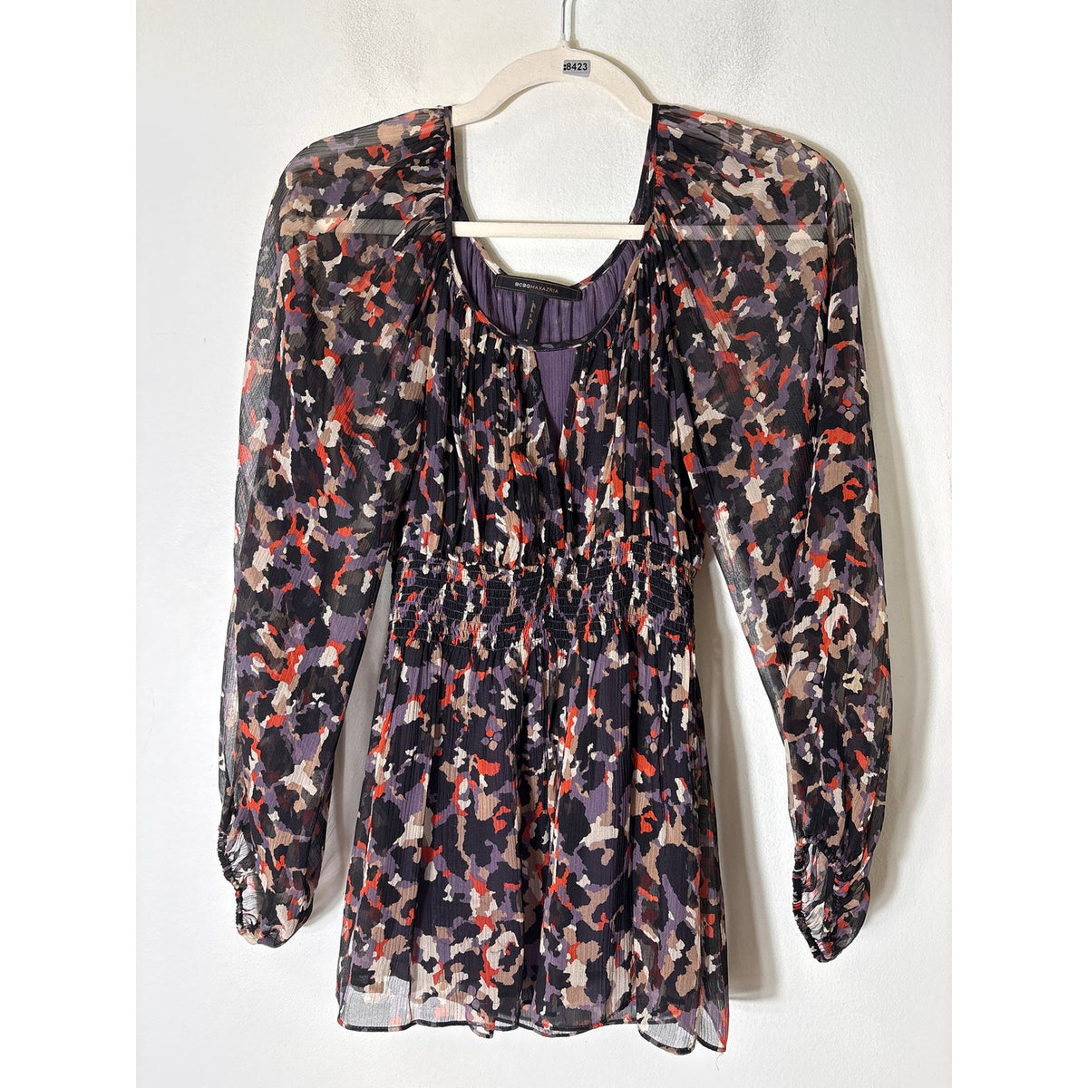 BCBG Maxazria Multicolored Long Sleeve Sheer Smocked Waist Sz XS