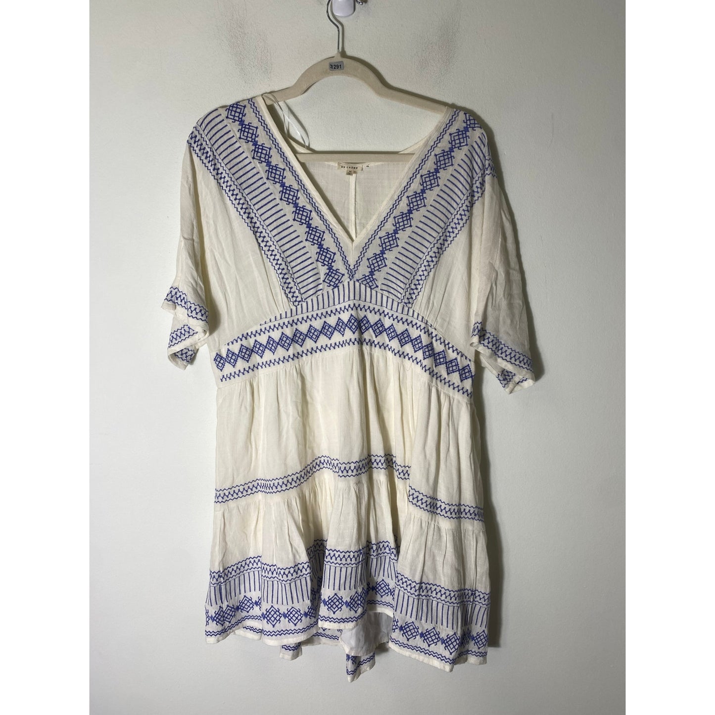 En Creme White Blue Embroidered Short Sleeve Knee Length Dress Sz M